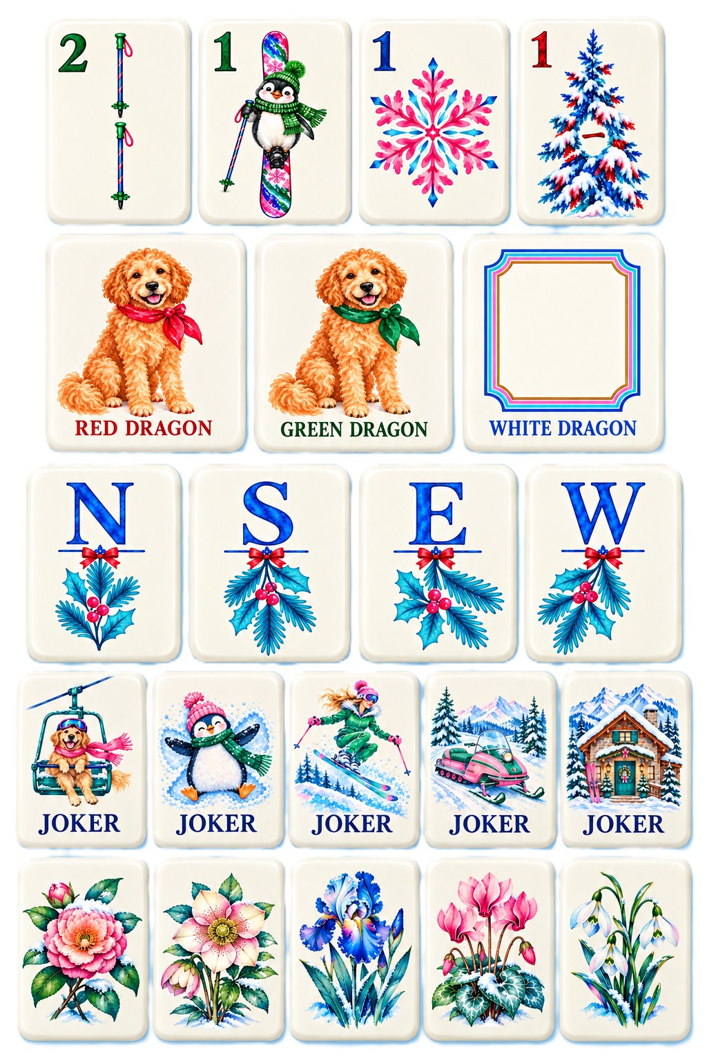 Alpine Escape American mahjong tile designs showing winter suits, dog dragons, directional winds, skiers and other jokers, and colorful flowers