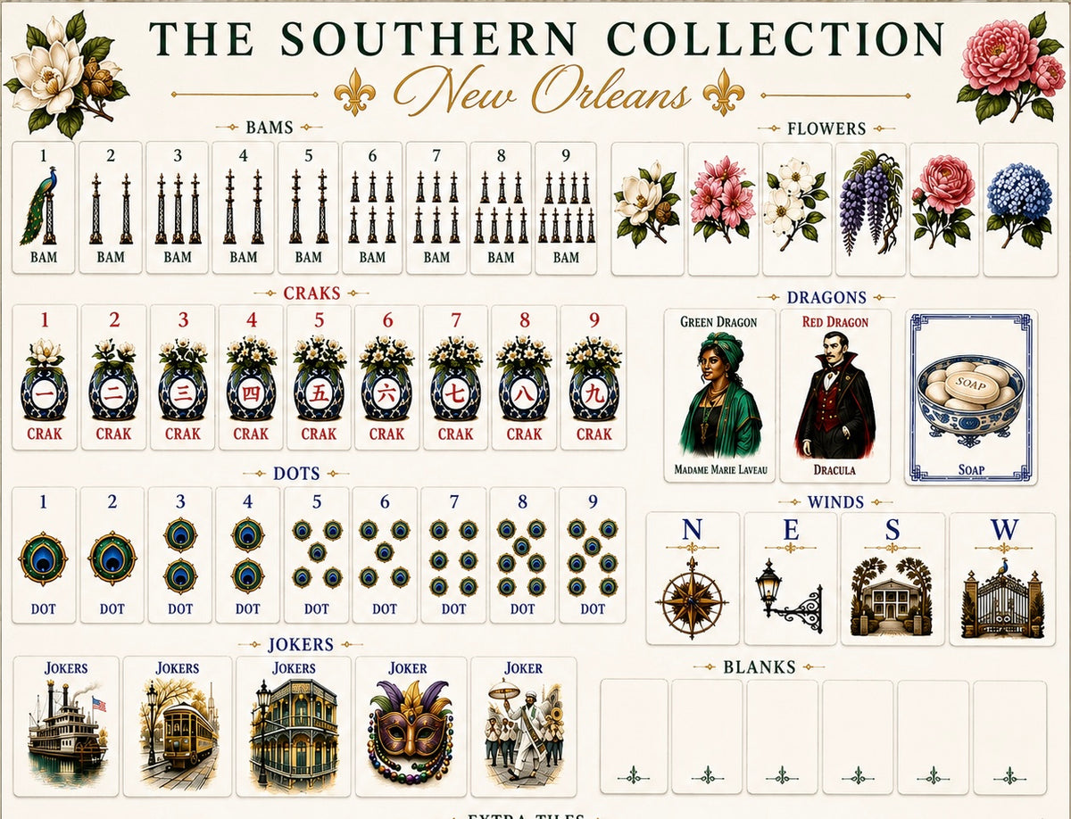 New Orleans Southern Classic American Mahjong Tile Set featuring ironwork Bams, floral Craks, peacock Dots, New Orleans Winds, Dragons and Mardi Gras Jokers.