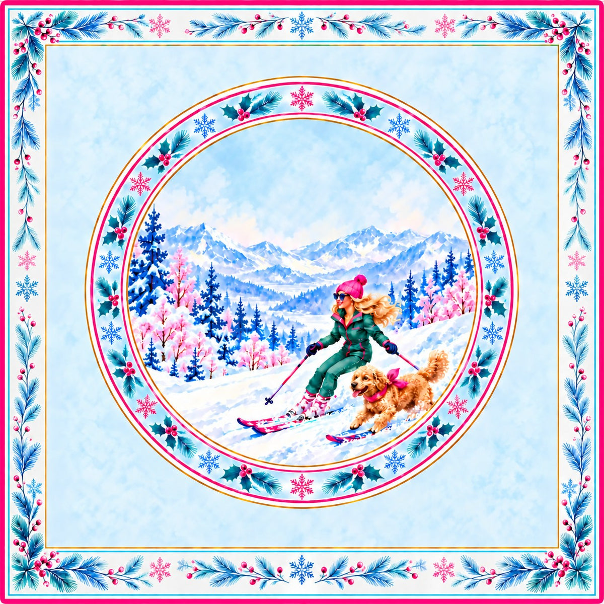 Alpine Escape mahjong mat with a skier and dog in a snowy mountain scene, framed by blue and pink winter foliage
