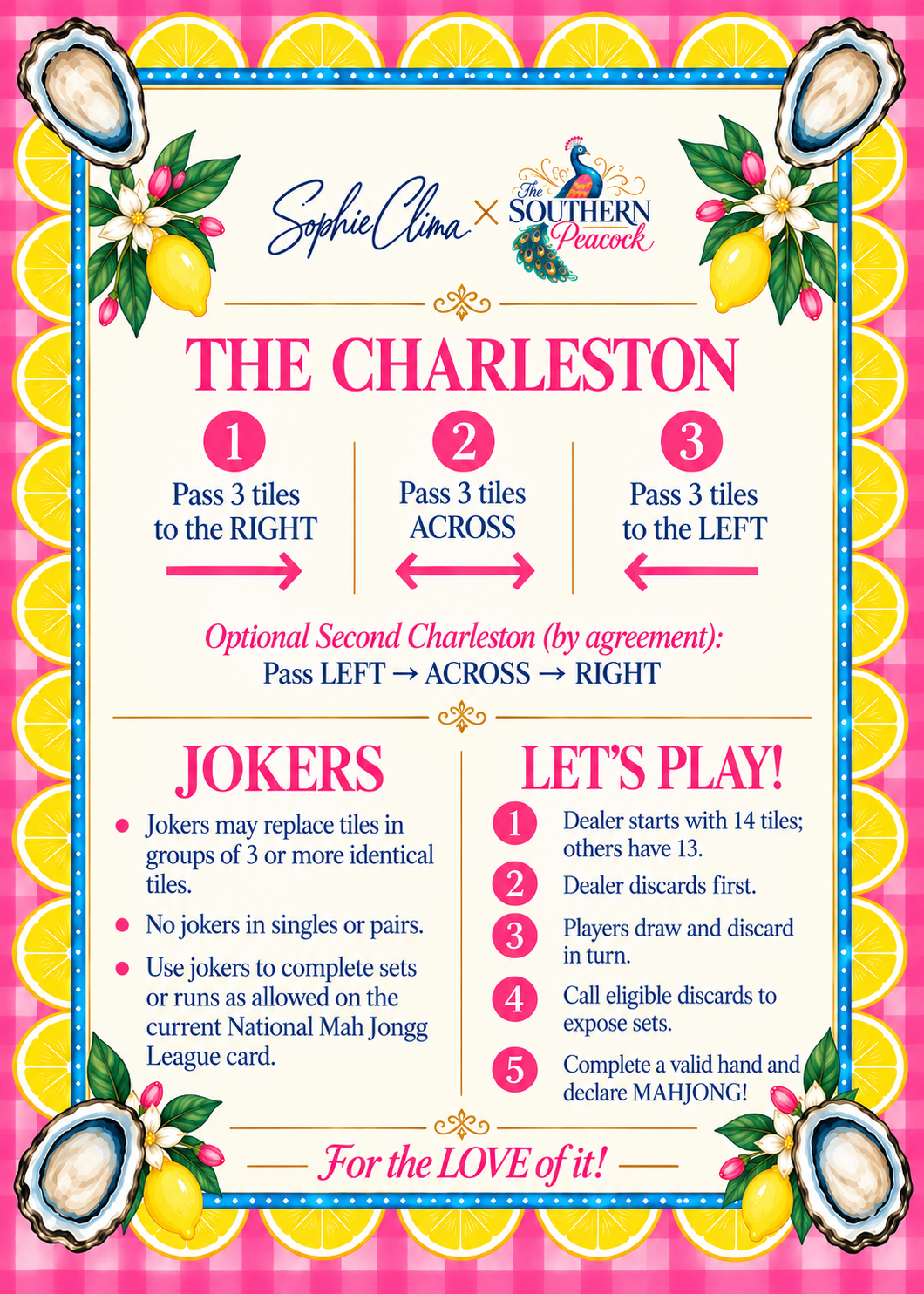 Sophie Clima x The Southern Peacock Charleston American Mahjong rules reference card featuring tile passing directions, joker rules, and gameplay instructions with colorful lemon and oyster artwork.