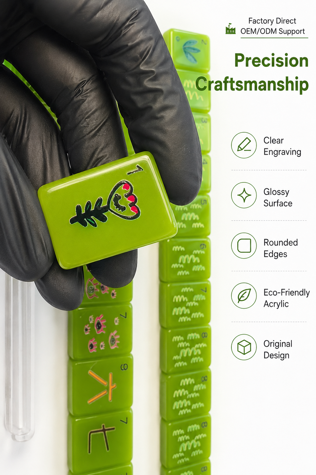 bright green acrylic mahjong tile with a black engraved leaf design, with a row of matching green tiles and marketing text on a white background.