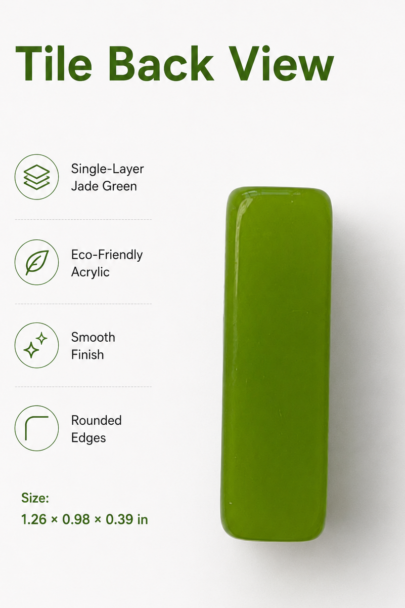 A single glossy jade green rectangular tile back piece shown on a white background with text listing material, finish, rounded edges, and size. 