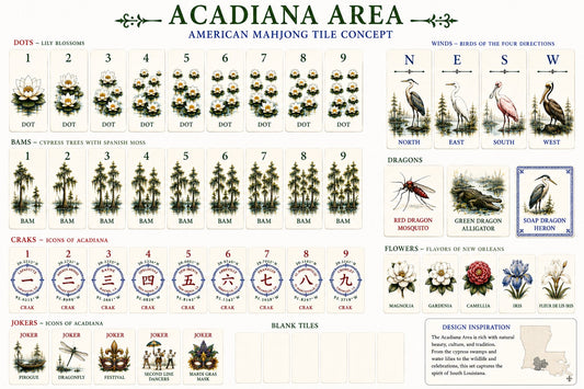 Acadiana American Mahjong tile set featuring Louisiana-inspired tiles with herons, alligator, mosquito, flowers and Cajun designs