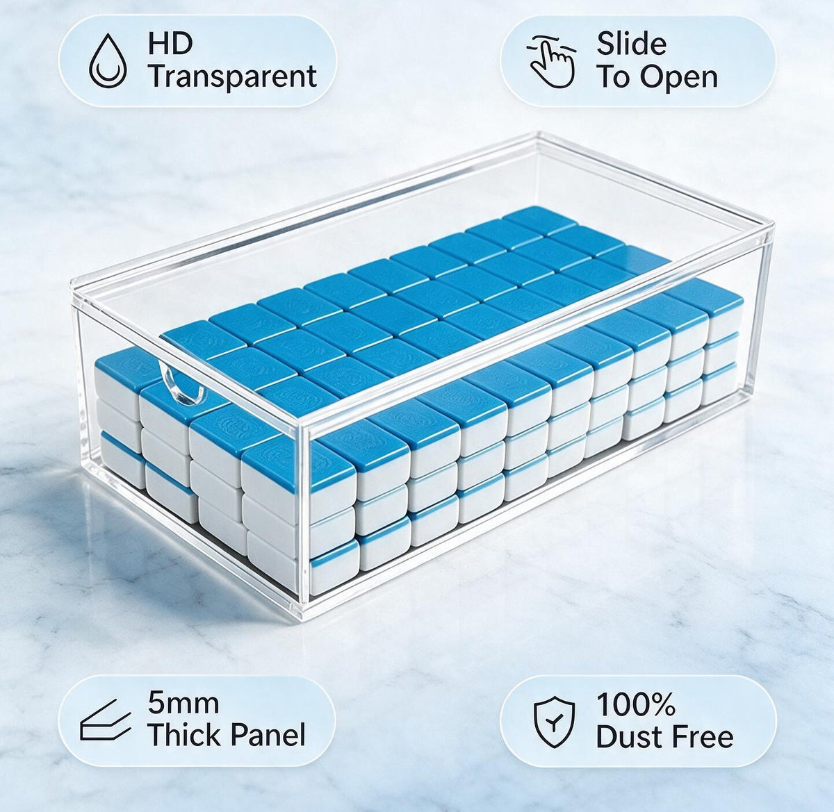 clear acrylic mahjong tile storage box with sliding lid for organizing, protecting, and displaying American mahjong tiles.
