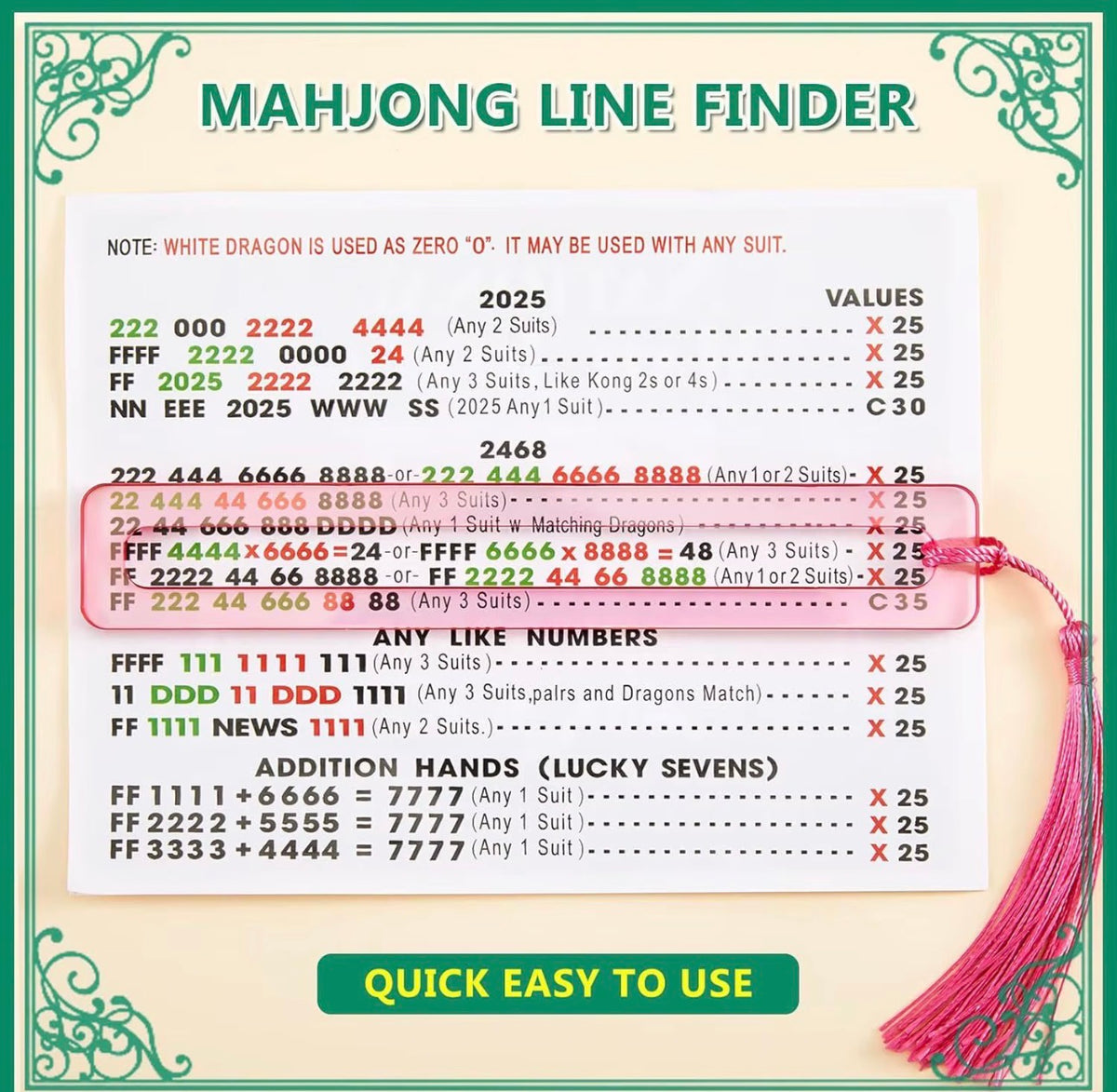 Pink American Mahjong line finder positioned over a Mahjong card