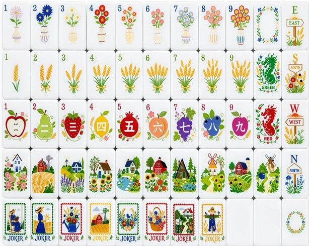 Country Garden American Mahjong tile set with colorful floral, fruit, farmhouse and countryside-inspired tiles by The Southern Peacock