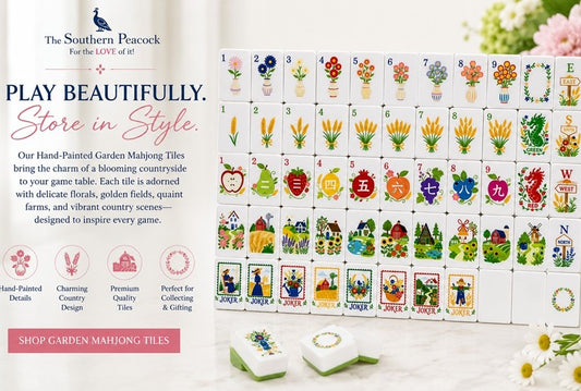A set of hand-painted garden mahjong tiles displayed on a white surface, featuring colorful illustrated tiles for flowers, fruits, animals, and landscape scenes. The image includes promotional text and branding for The Southern Peacock.