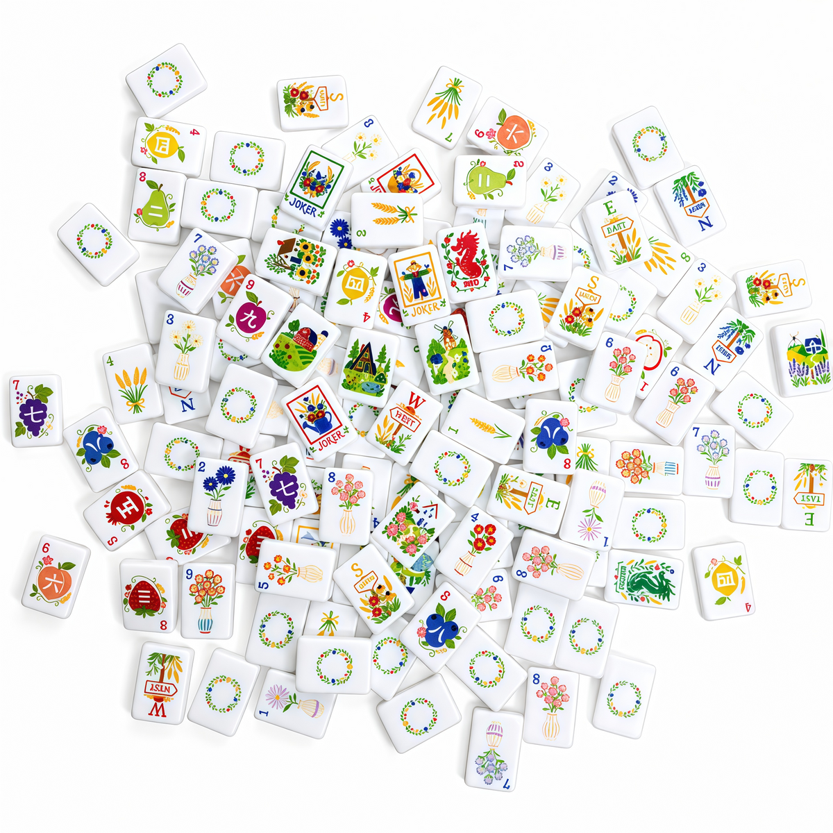 Country Garden American Mahjong tiles scattered to show colorful flowers, fruit, farmhouses, winds, dragons and joker designs