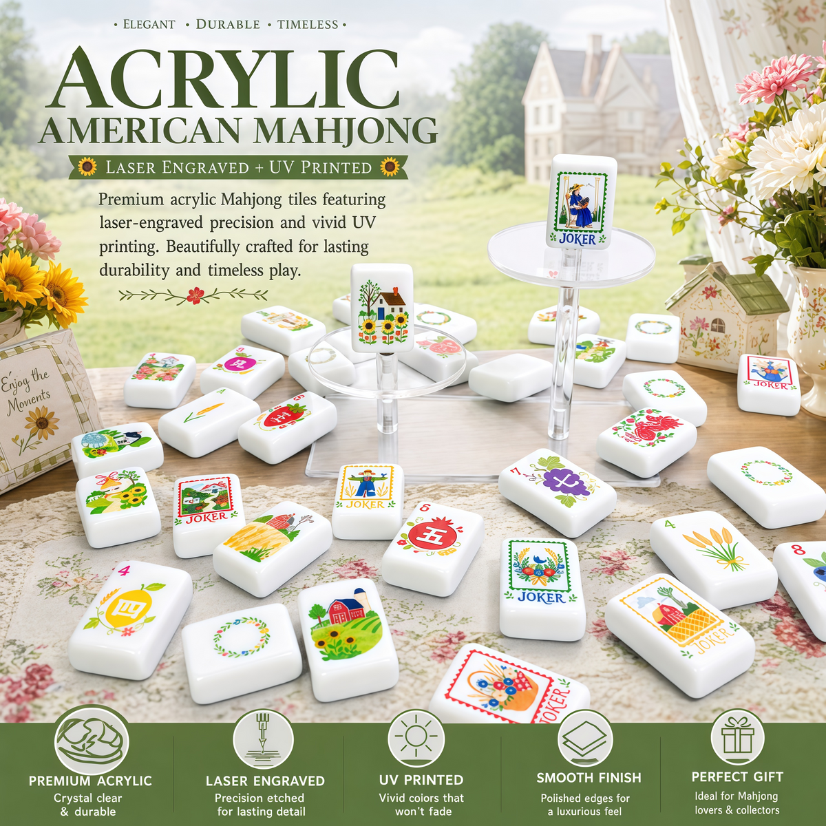 Country Garden American Mahjong tiles scattered to show colorful flowers, fruit, farmhouses, winds, dragons and joker designs