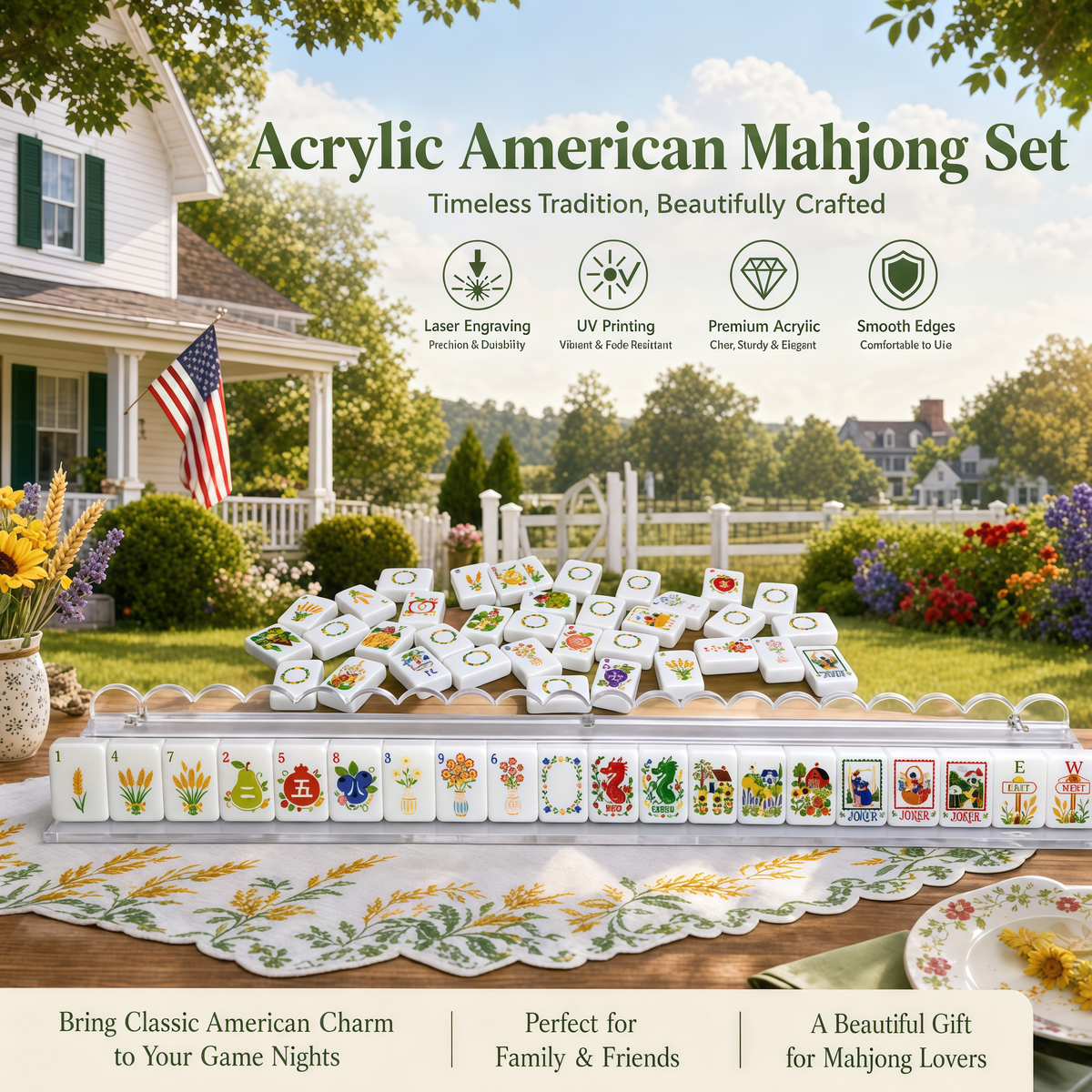Country Garden American Mahjong tiles scattered to show colorful flowers, fruit, farmhouses, winds, dragons and joker designs