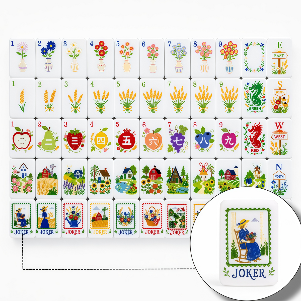 Country Garden American Mahjong tiles scattered to show colorful flowers, fruit, farmhouses, winds, dragons and joker designs