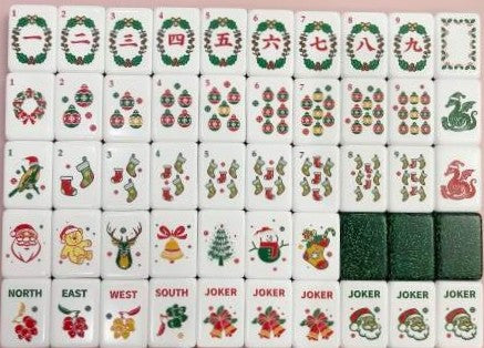 Complete Christmas American Mahjong tile set with festive wreaths, ornaments, stockings, Santa, reindeer and Christmas tree designs