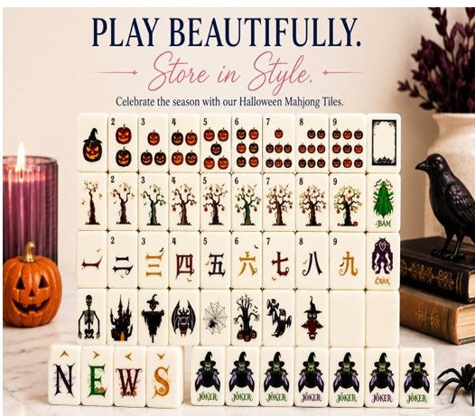 Halloween American Mahjong Tile Set featuring jack-o’-lanterns, spooky trees, bats, witches and Halloween-themed joker tiles