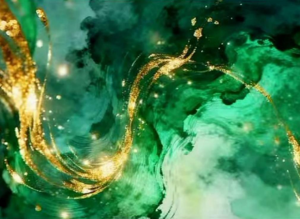 Abstract green and teal marbled background with flowing gold glitter-like streaks and small bright sparkles.