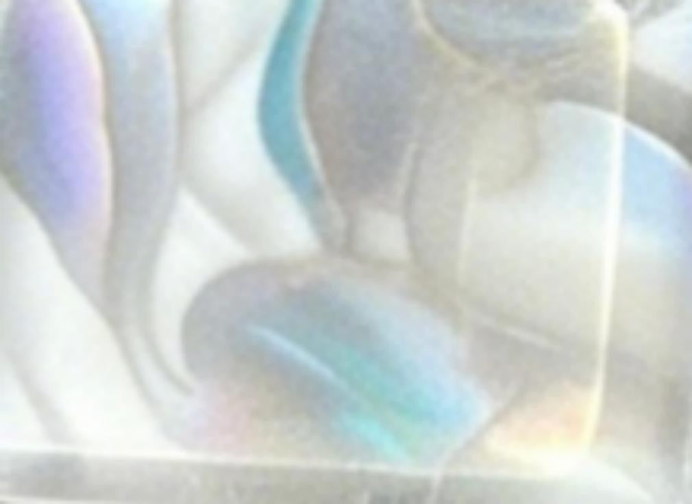 An abstract close-up of a glossy, iridescent surface with soft gradients of white, pale blue, lavender, and hints of teal.