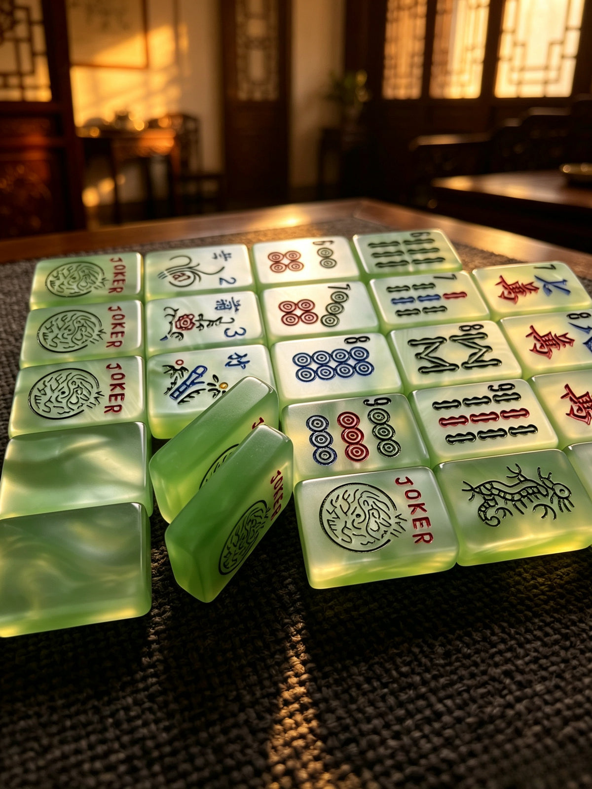 Classic Jade Mist American Mahjong tiles with pale green pearlescent finish and traditional black, red, blue and green markings.