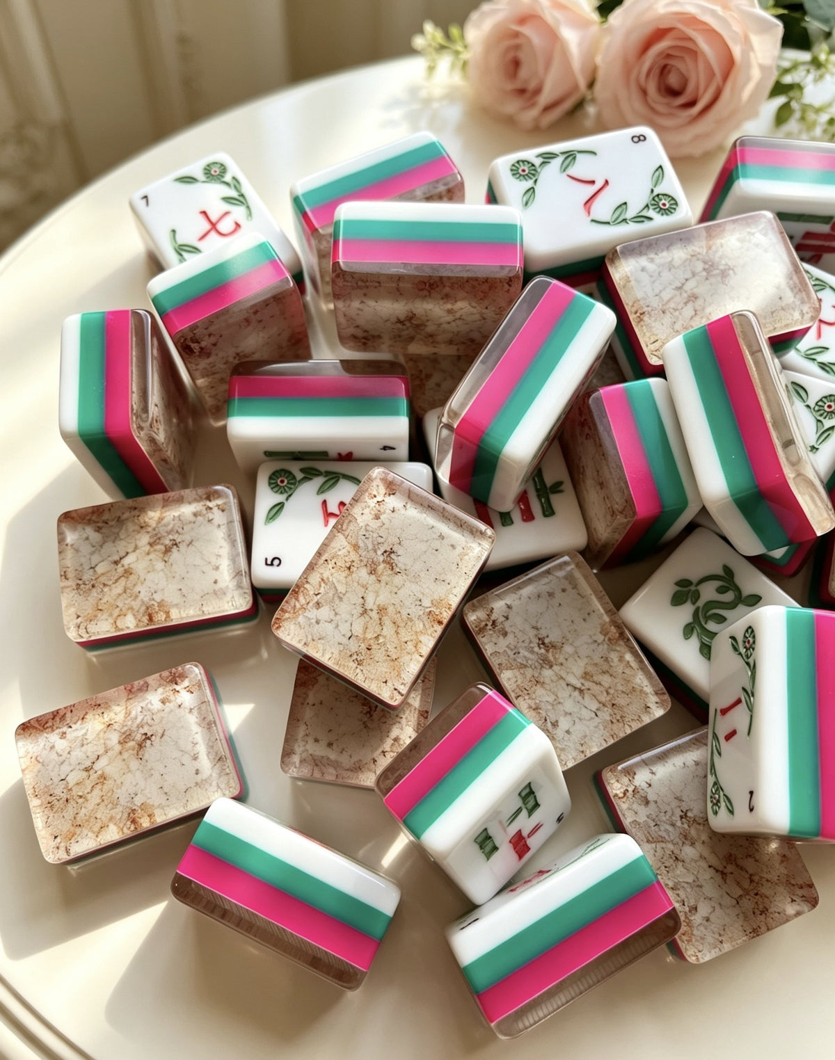 A pile of decorative mahjong-style tiles with distressed beige backs and striped green, pink, and white fronts, arranged on a light cream surface with soft pink roses in the background.