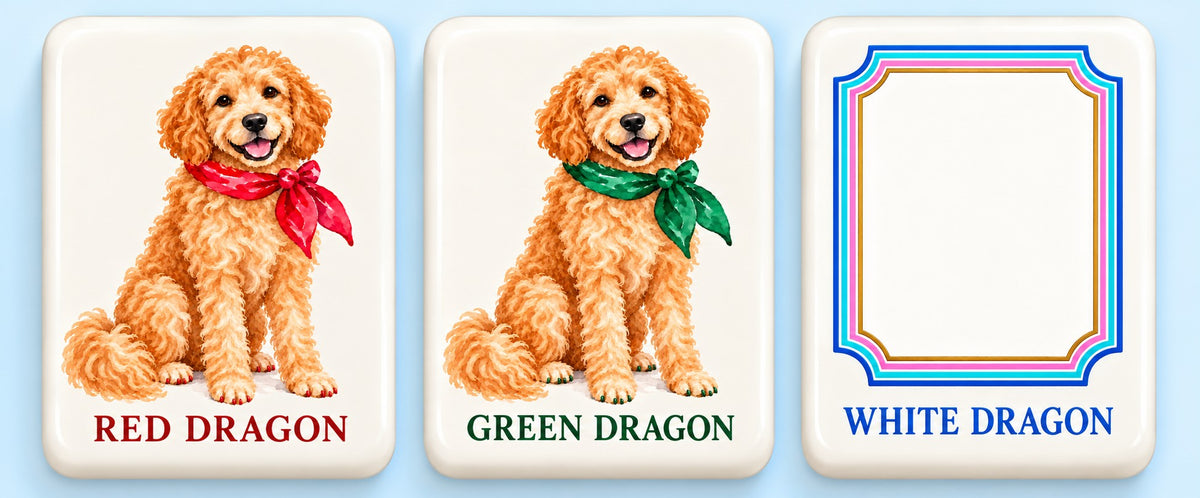 Alpine Escape mahjong dragon tiles: a curly dog with a red scarf, a curly dog with a green scarf, and a bordered white dragon tile