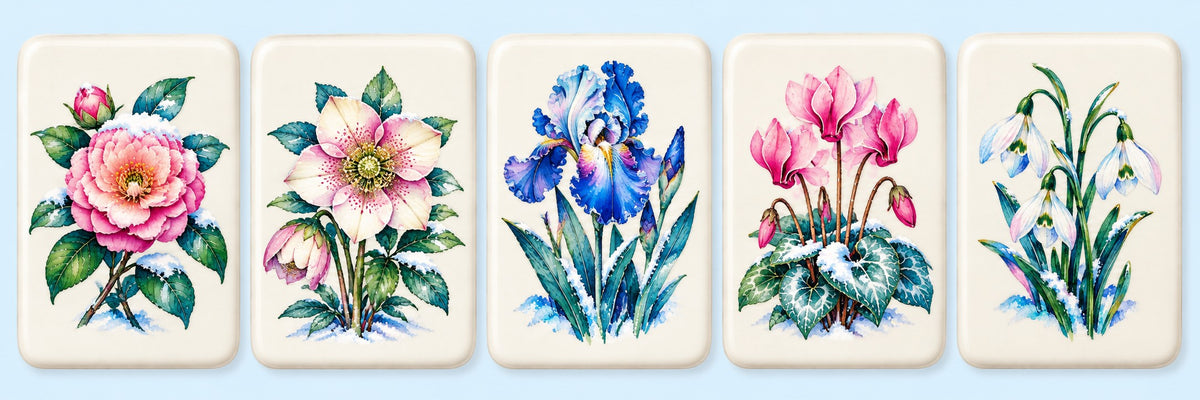 Five Alpine Escape mahjong flower tiles with pink blooms, a blue iris, pink cyclamen, and white snowdrops