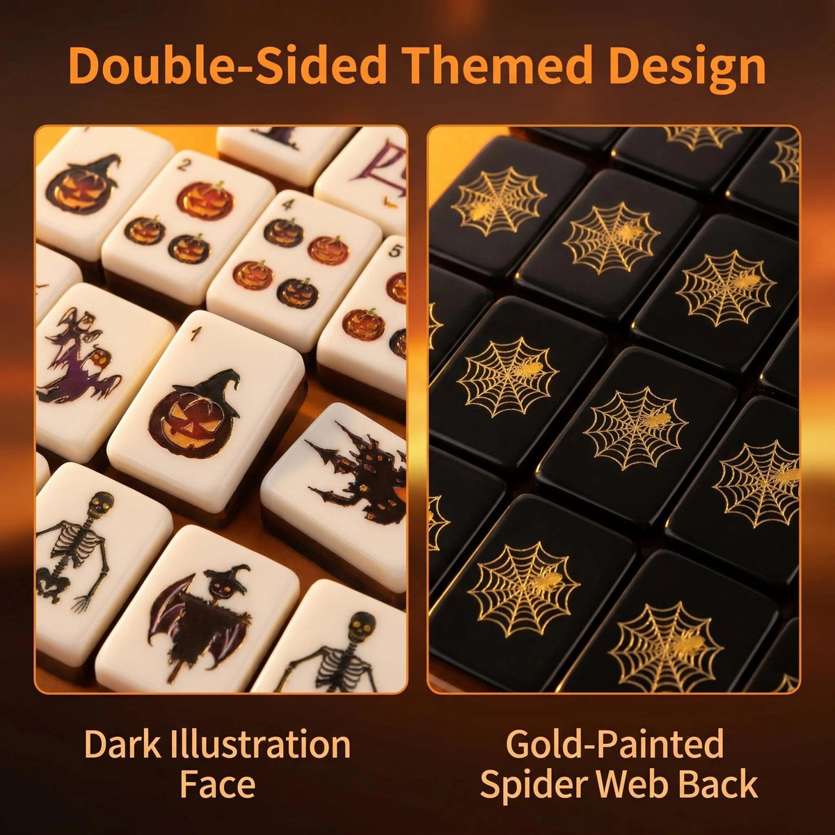 Halloween American Mahjong Tile Set featuring jack-o’-lanterns, spooky trees, bats, witches and Halloween-themed joker tiles