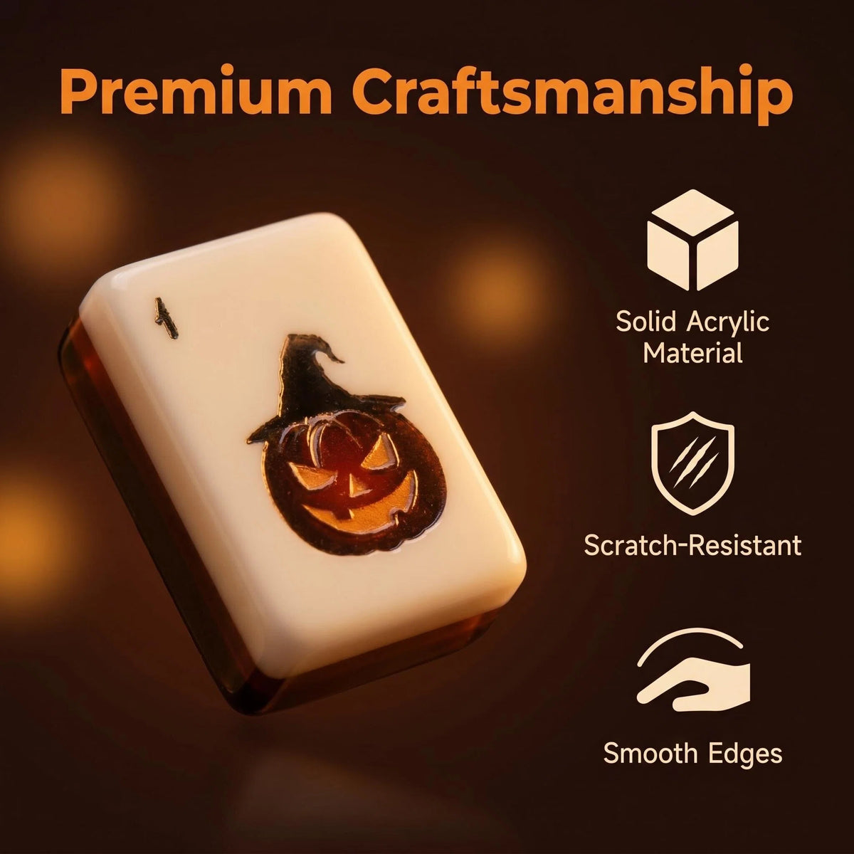 Halloween American Mahjong Tile Set featuring jack-o’-lanterns, spooky trees, bats, witches and Halloween-themed joker tiles