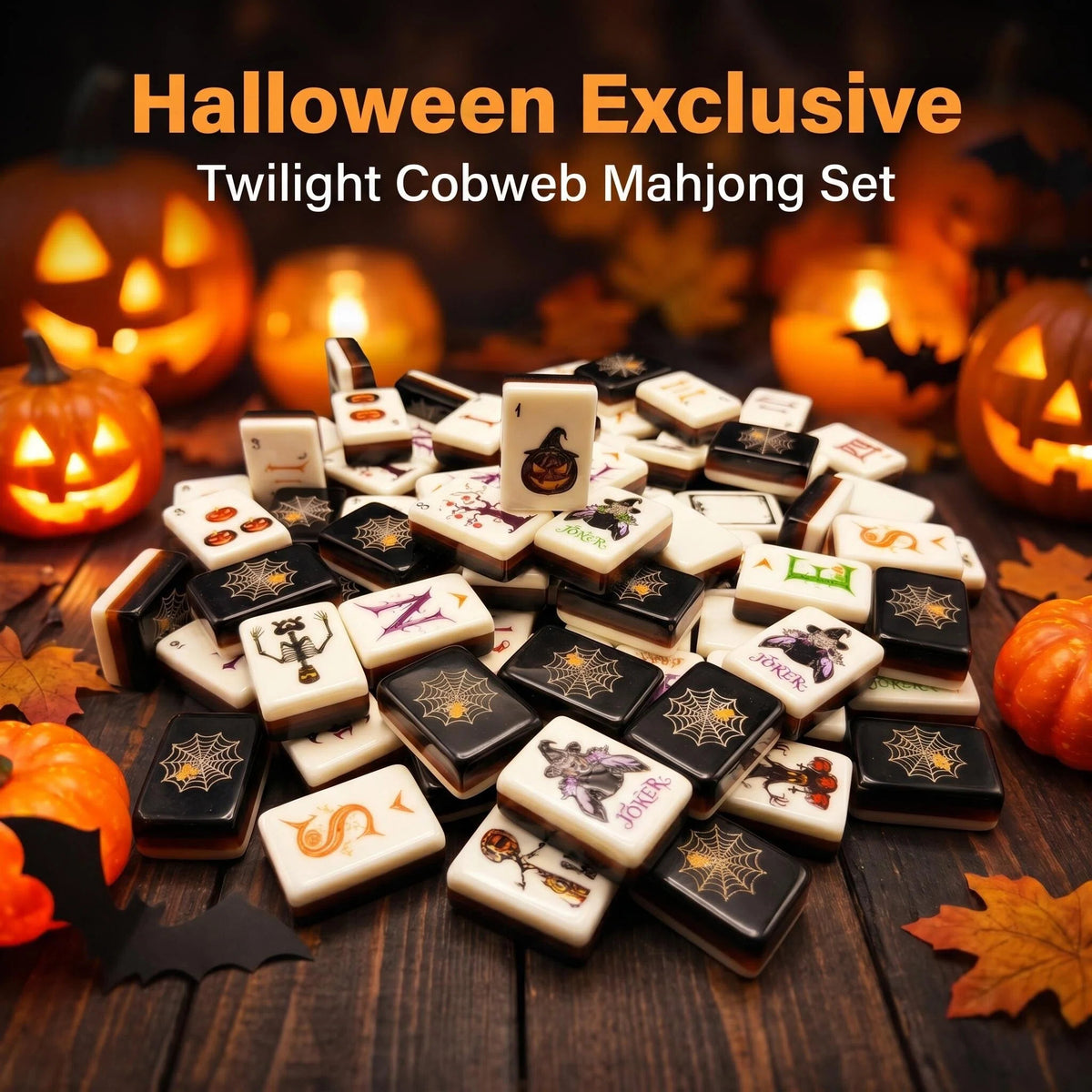 Halloween American Mahjong Tile Set featuring jack-o’-lanterns, spooky trees, bats, witches and Halloween-themed joker tiles