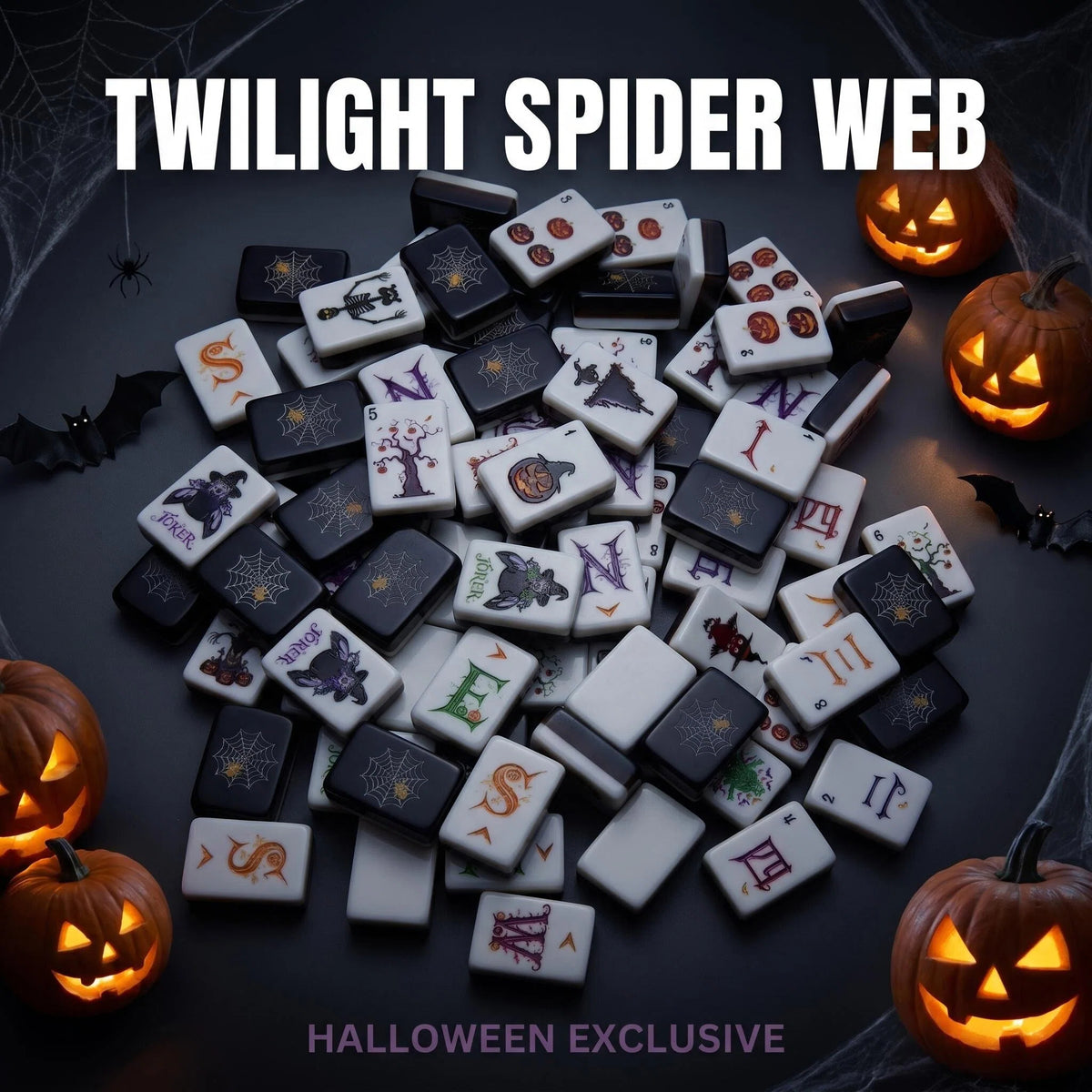 Halloween American Mahjong Tile Set featuring jack-o’-lanterns, spooky trees, bats, witches and Halloween-themed joker tiles