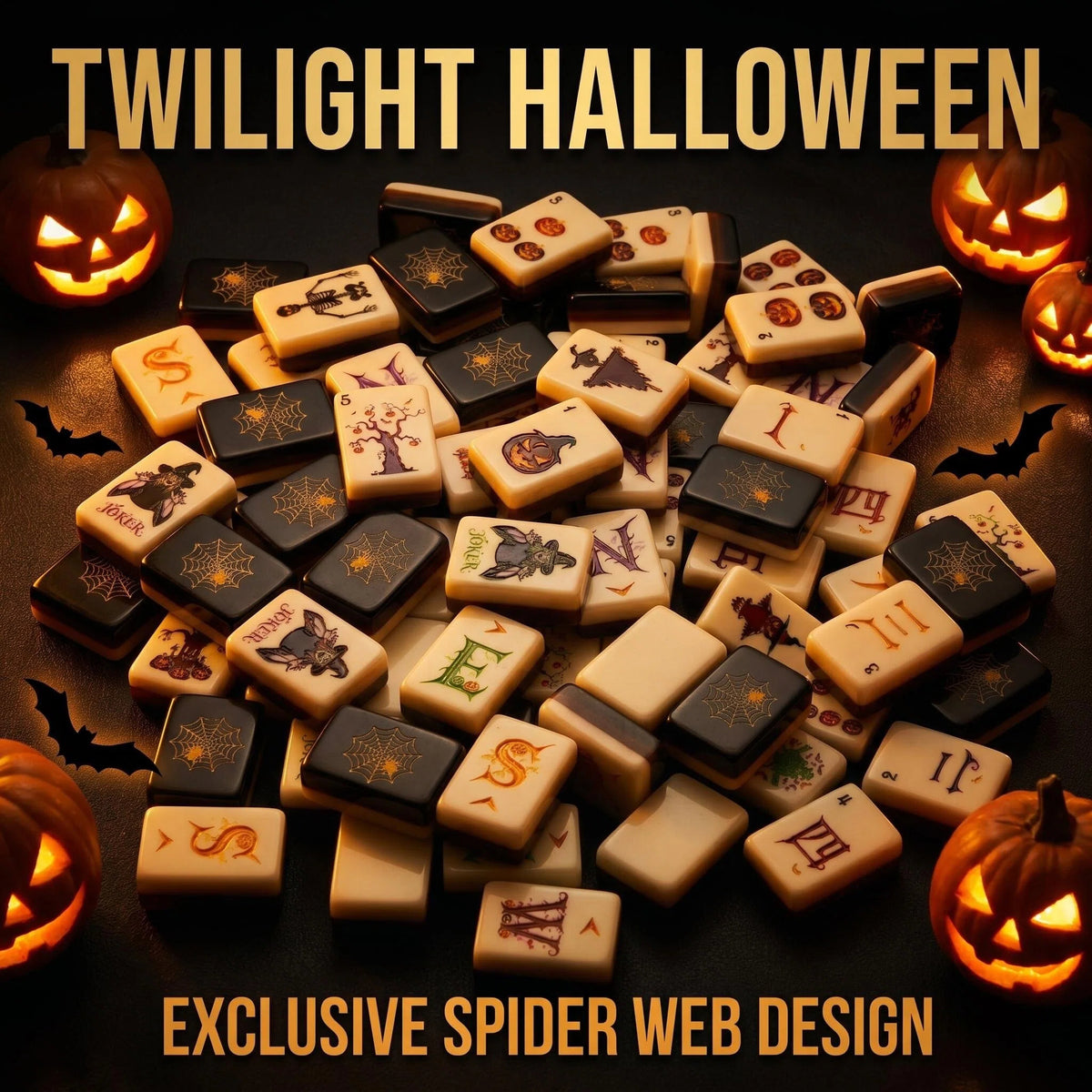 Halloween American Mahjong Tile Set featuring jack-o’-lanterns, spooky trees, bats, witches and Halloween-themed joker tiles
