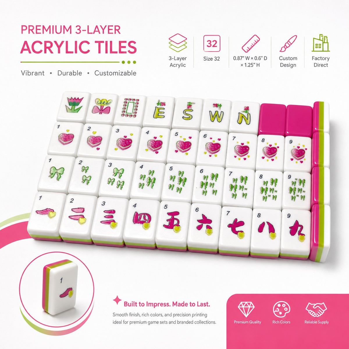 Love & Luck American Mahjong Tile Set with three-layer acrylic tiles in hot pink, green and yellow with heart Dots, bow Bams and bold Craks.