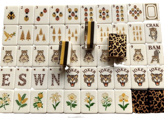 Leopard American mahjong tile set with animal print backs, jokers, flowers and playing tiles