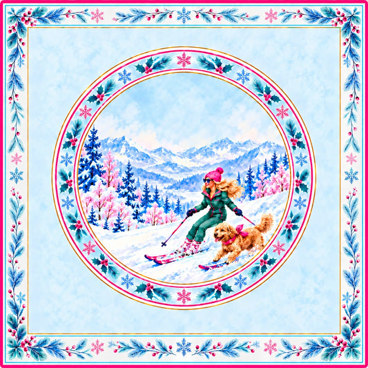 Alpine Escape mahjong mat with a skier and dog in a snowy mountain scene, framed by blue and pink winter foliage