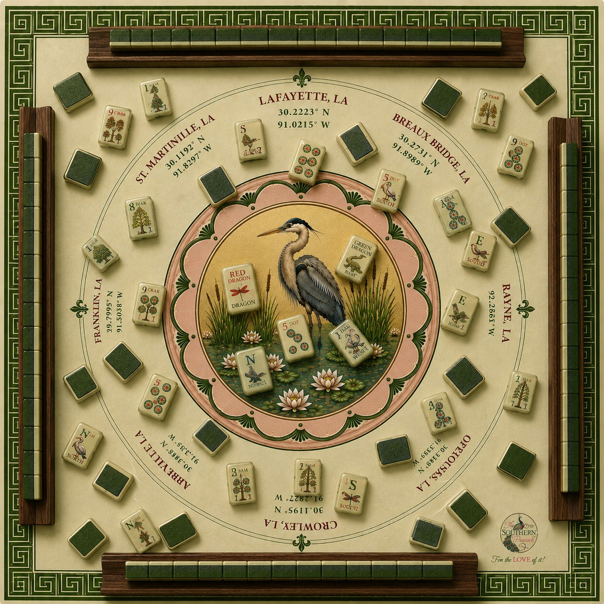 Acadiana American Mahjong tile set displayed on a Louisiana-inspired mahjong mat with heron design and wooden racks