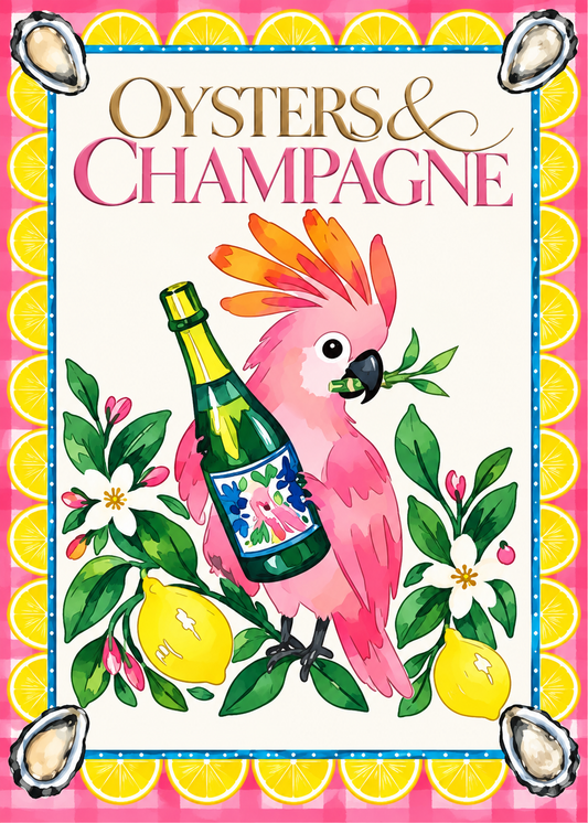 Oysters & Champagne artwork by Sophie Clima x The Southern Peacock featuring a colorful pink cockatoo holding a champagne bottle, surrounded by lemons, flowers and oyster shells.