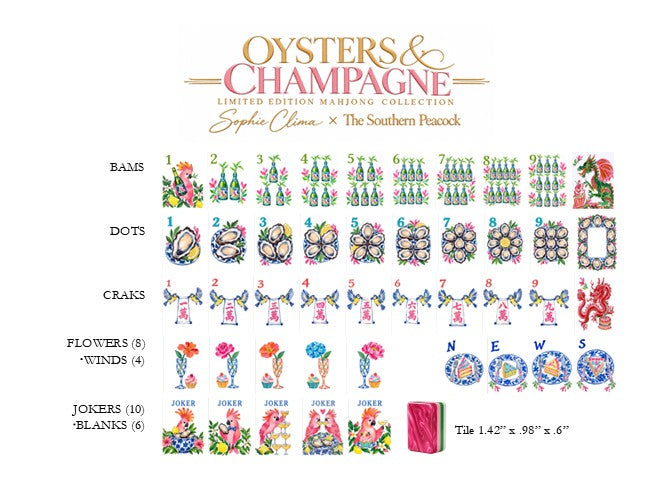 Oysters & Champagne limited edition mahjong tile designs by Sophie Clima x The Southern Peacock, featuring Bams, Dots, Craks, Flowers, Winds and Jokers.