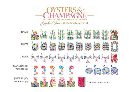 Oysters & Champagne limited edition mahjong tile designs by Sophie Clima x The Southern Peacock, featuring Bams, Dots, Craks, Flowers, Winds and Jokers.