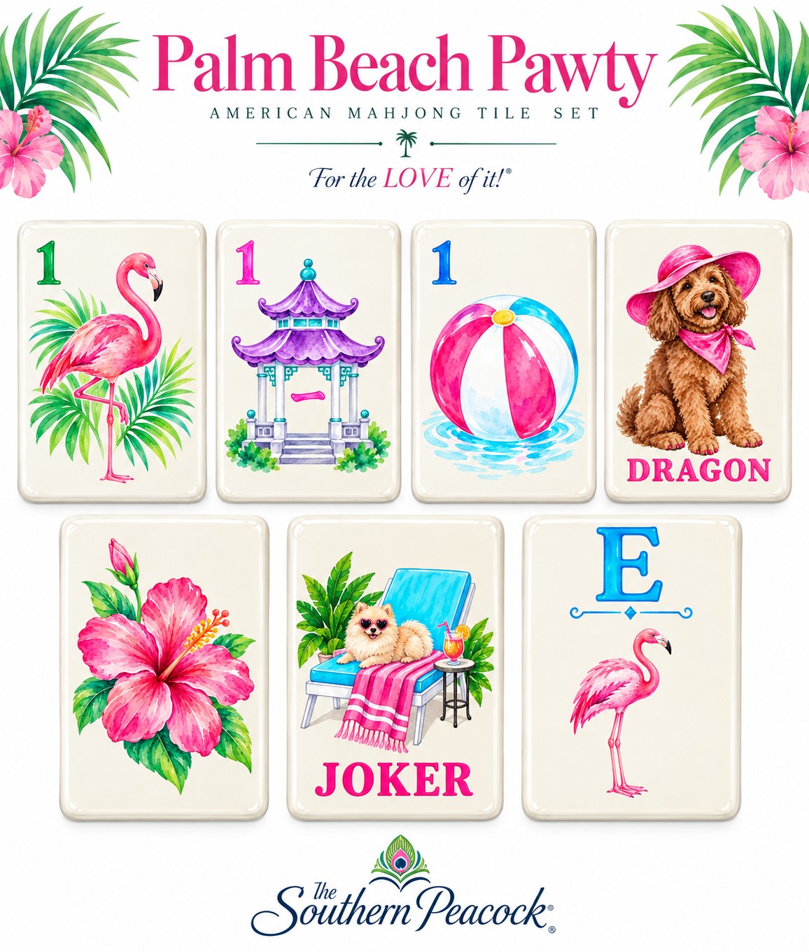 Palm Beach Pawty American Mahjong tile set by The Southern Peacock featuring flamingo, pagoda, beach ball, dog dragon, hibiscus flower, joker and wind tiles