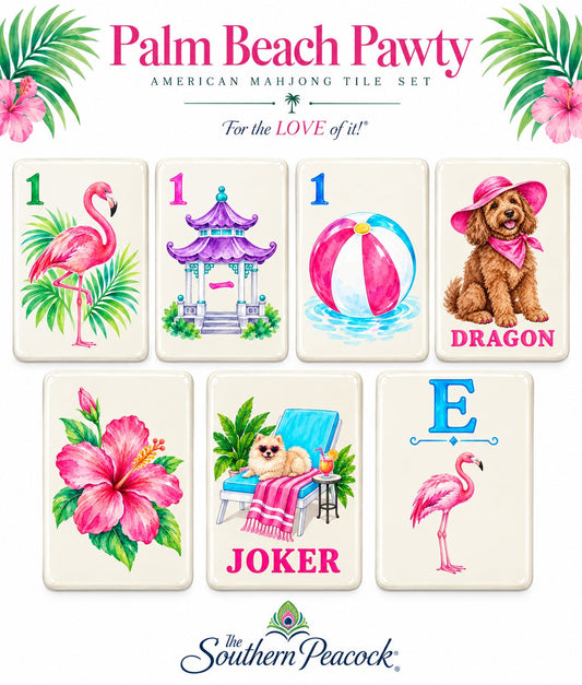 Palm Beach Pawty American Mahjong tile set by The Southern Peacock featuring flamingo, pagoda, beach ball, dog dragon, hibiscus flower, joker and wind tiles