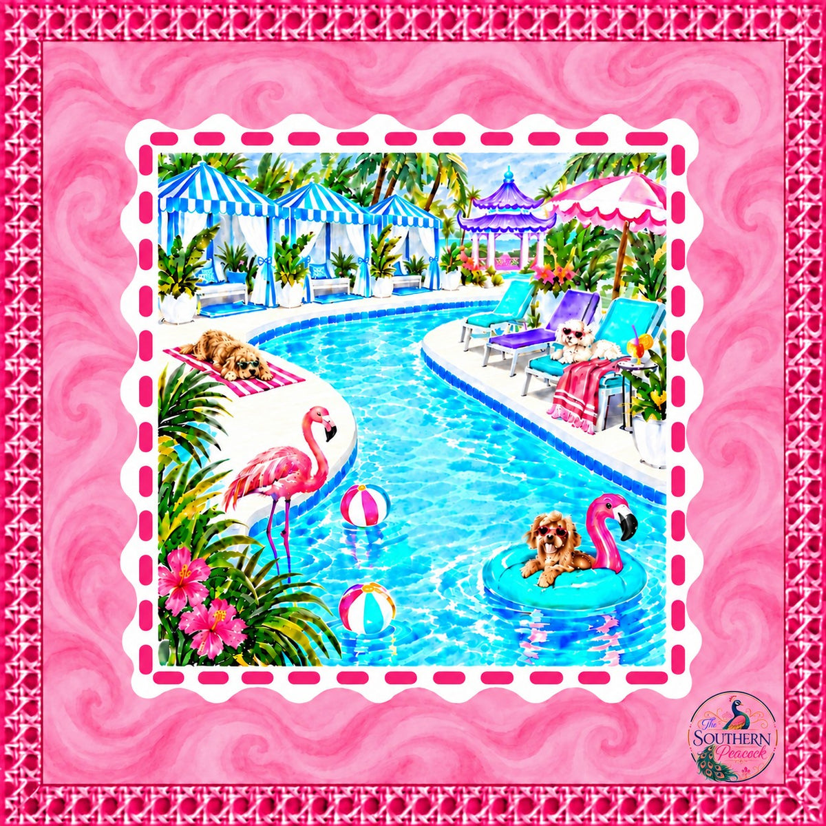 Palm Beach Pawty American Mahjong mat by The Southern Peacock featuring a colorful tropical poolside design with flamingos, palm trees and dogs