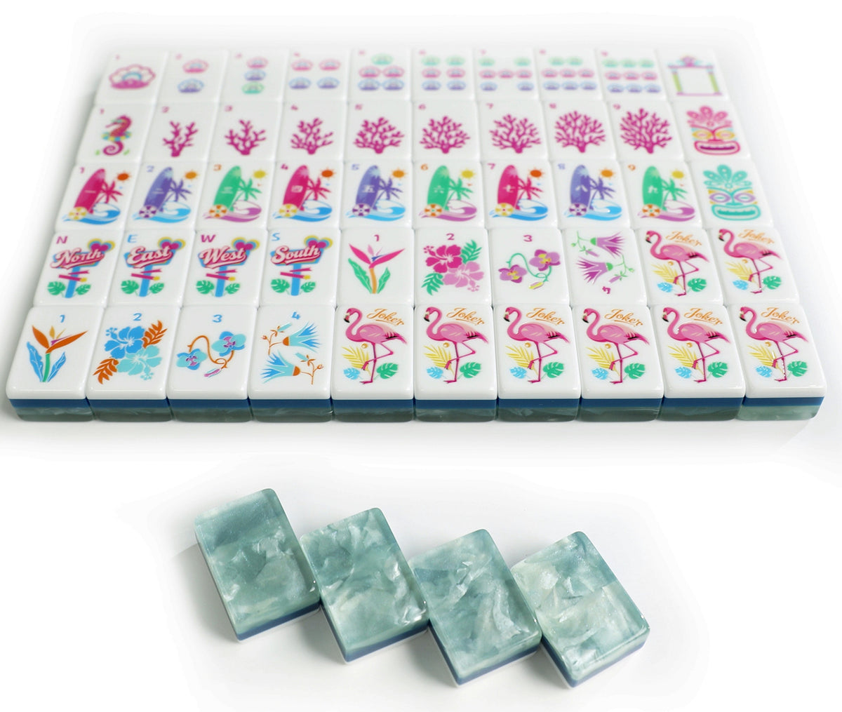 Colorful American Mahjong tiles with flamingos, florals, coral-inspired Bams, decorative Winds and translucent blue-green tile backs. 