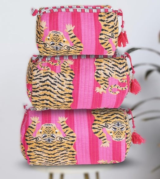 Set of three red tiger Mahjong tile bags featuring bold tiger print fabric and secure drawstring closures. Perfect for storing Mahjong tiles, dice, coins, and game accessories while adding a stylish touch to game night.