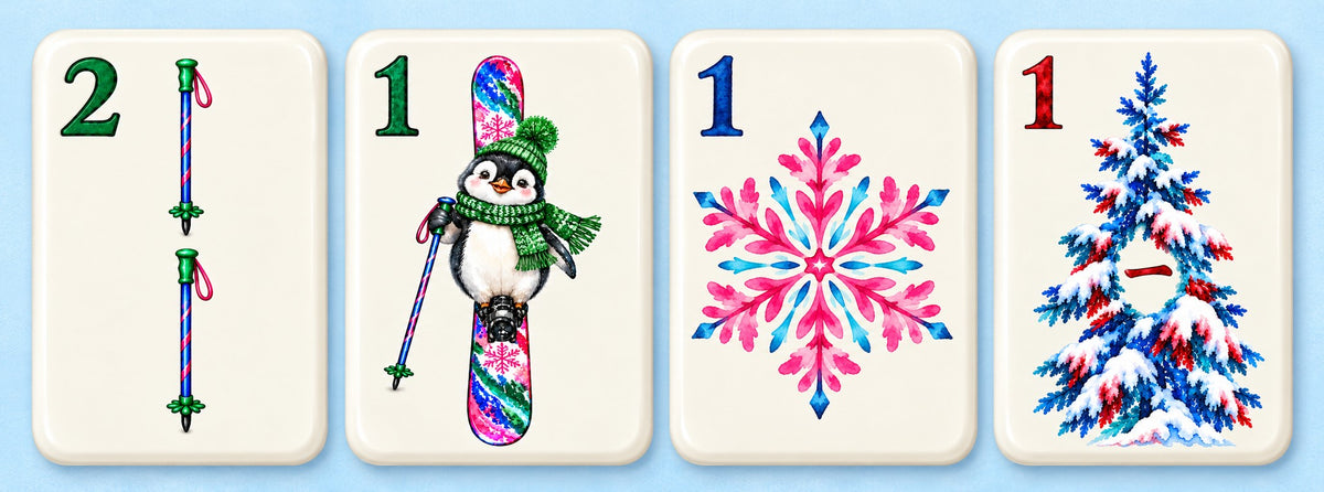 Four Alpine Escape mahjong tile designs featuring ski poles, a penguin on a snowboard, a pink snowflake, and a snow-covered tree