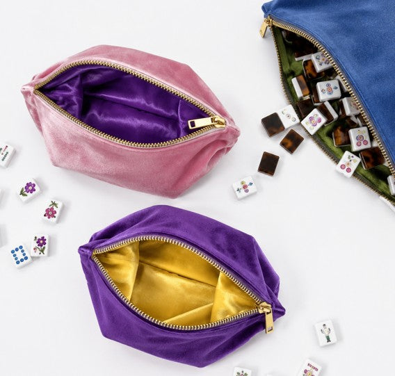 Pink and purple luxury velvet mahjong tile storage bags with satin lining