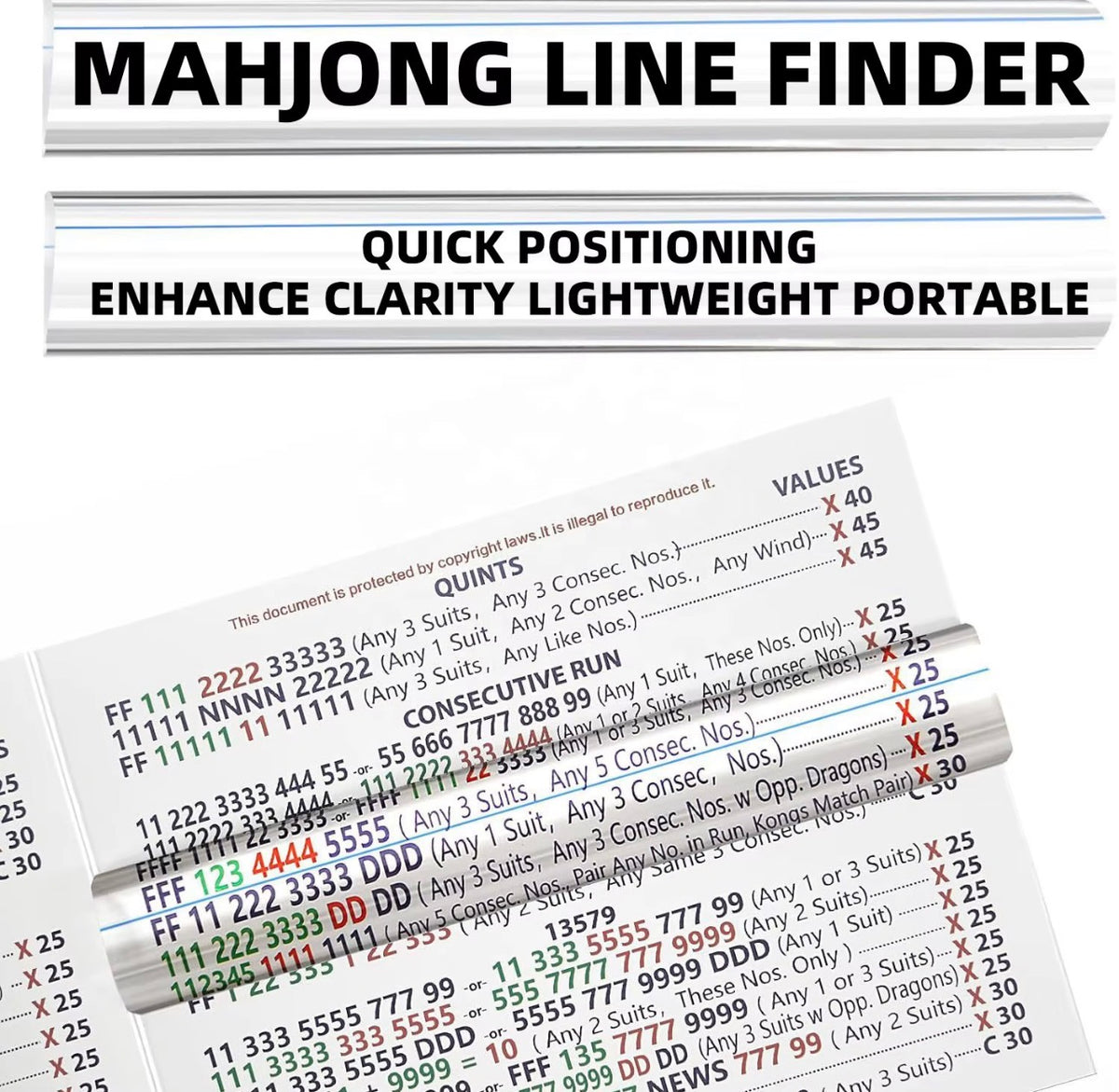 Acrylic magnifying Mahjong line finder over an American Mahjong card