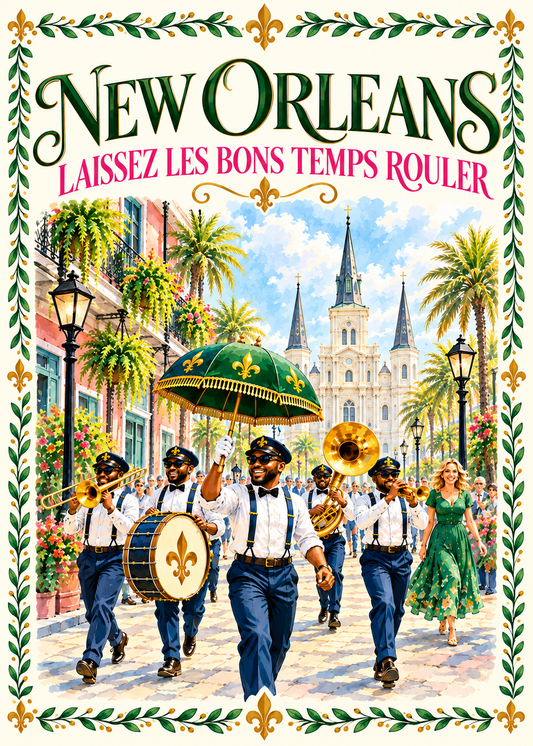 New Orleans Collection Mahjong Tile Shuffler by The Southern Peacock featuring a jazz second line parade, St. Louis Cathedral, palm trees, gold fleur-de-lis and decorative green leaf border. Part of the coordinating New Orleans American Mahjong collection.