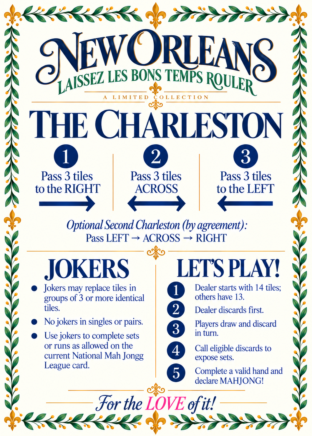 New Orleans Collection Mahjong Tile Shuffler back design by The Southern Peacock, featuring American Mahjong Charleston instructions, joker rules and gameplay tips, with navy blue lettering, emerald green leaf borders and gold fleur-de-lis accents.