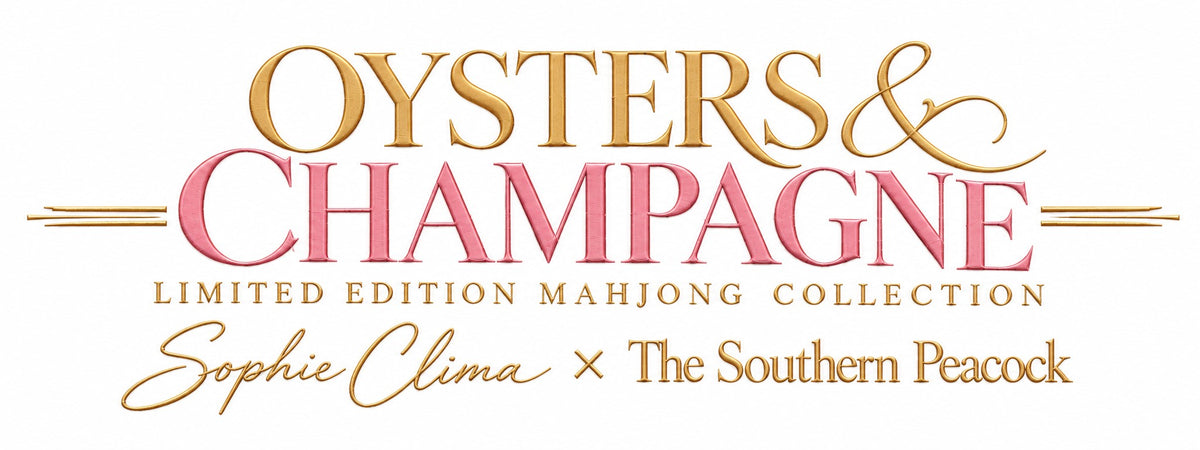 Oysters & Champagne Limited Edition Mahjong Collection logo in elegant gold and pink lettering, featuring the Sophie Clima x The Southern Peacock artist collaboration.