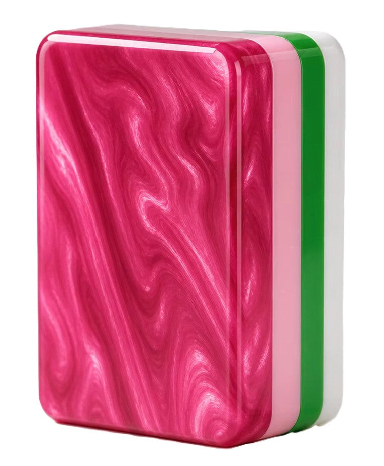Glossy pink marbled mahjong tile back with layered pink, green and white edges from the Oysters & Champagne limited edition collection by Sophie Clima x The Southern Peacock.