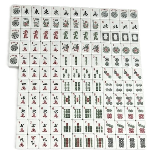Complete American mahjong tile set with traditional numbered symbols, jokers, flowers, winds and dragons