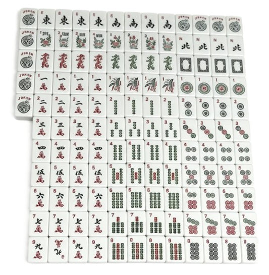 Complete American mahjong tile set with traditional numbered symbols, jokers, flowers, winds and dragons